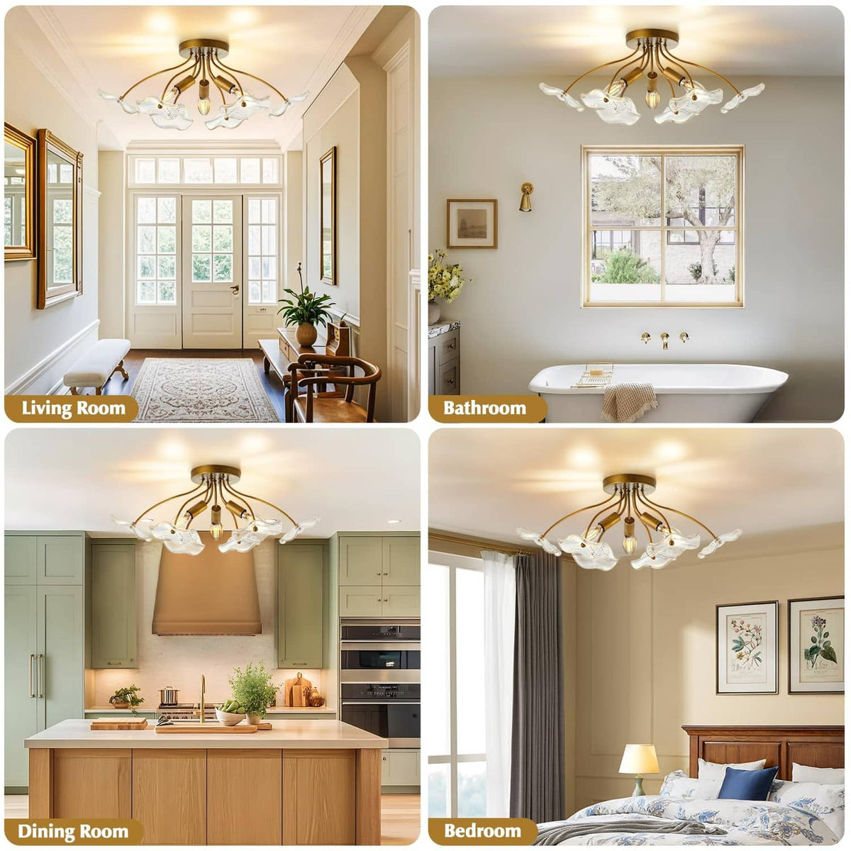 Brass semi flush ceiling light with clear glass shades shown in multiple rooms