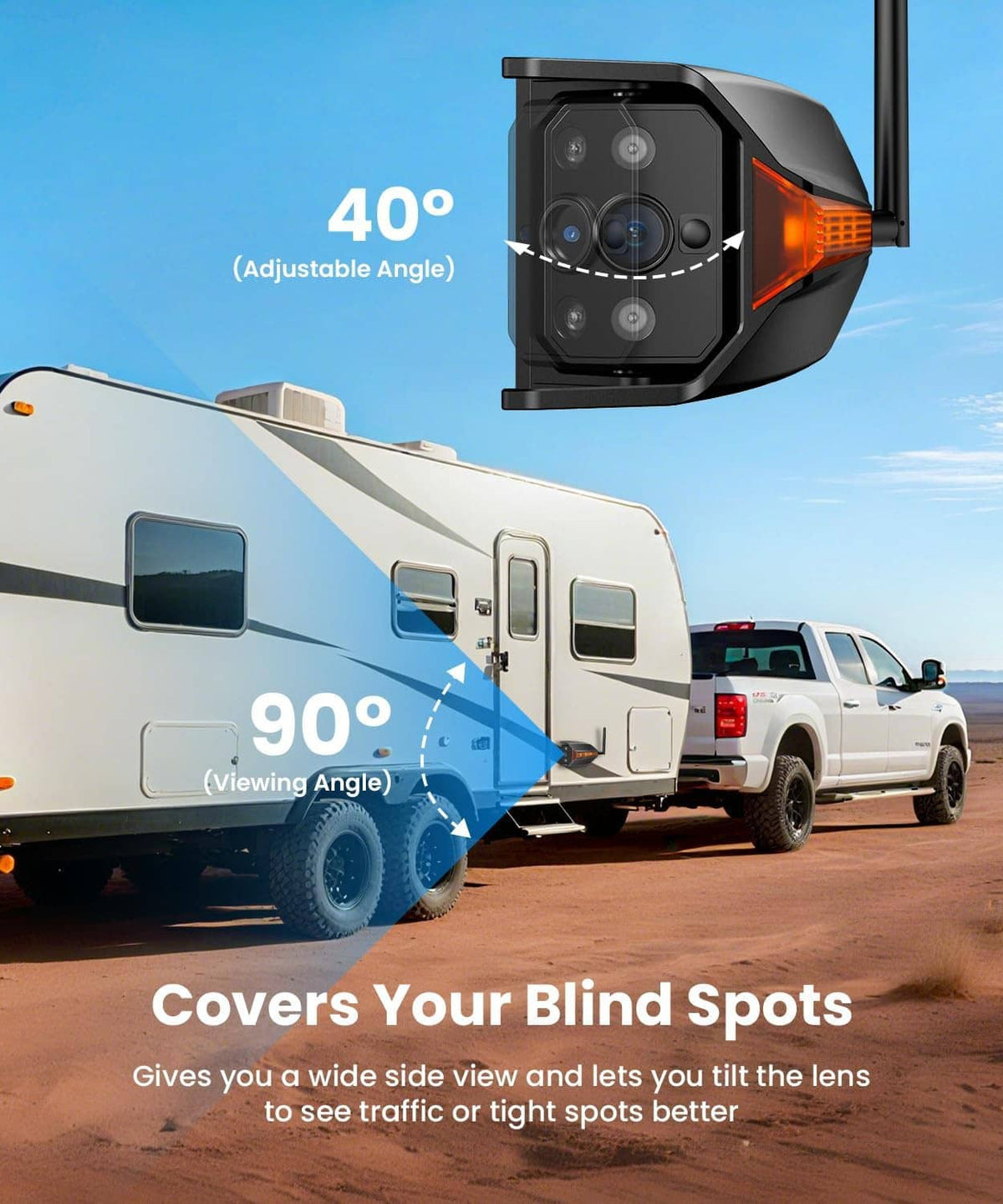 Adjustable-angle side backup camera with amber LED light bar for blind-spot coverage