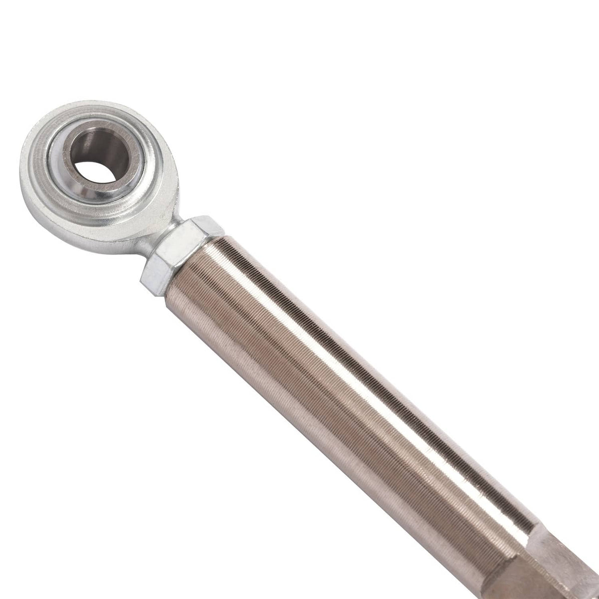 Close-up threaded stud end link with bearing-style ring for steel sway bar anti-roll kit