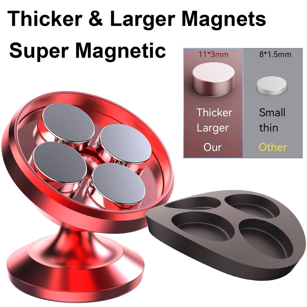 Red magnetic phone holder with multiple disc magnets and a black magnet plate