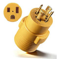 Yellow generator-to-welder adapter plug with twist-lock prongs and round face