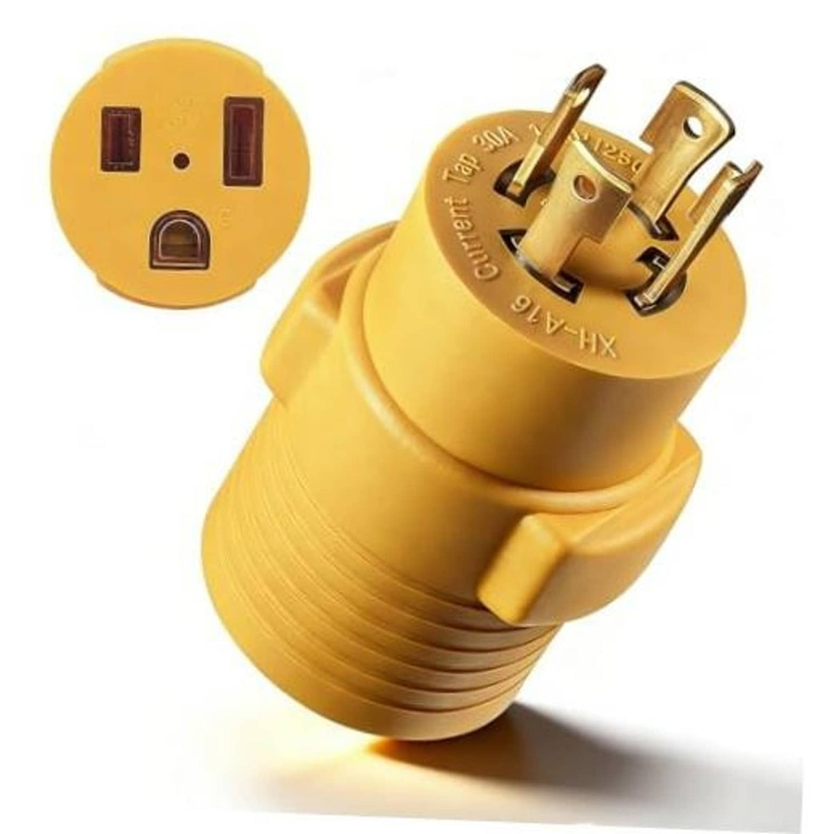 Yellow generator-to-welder adapter plug with twist-lock prongs and round face