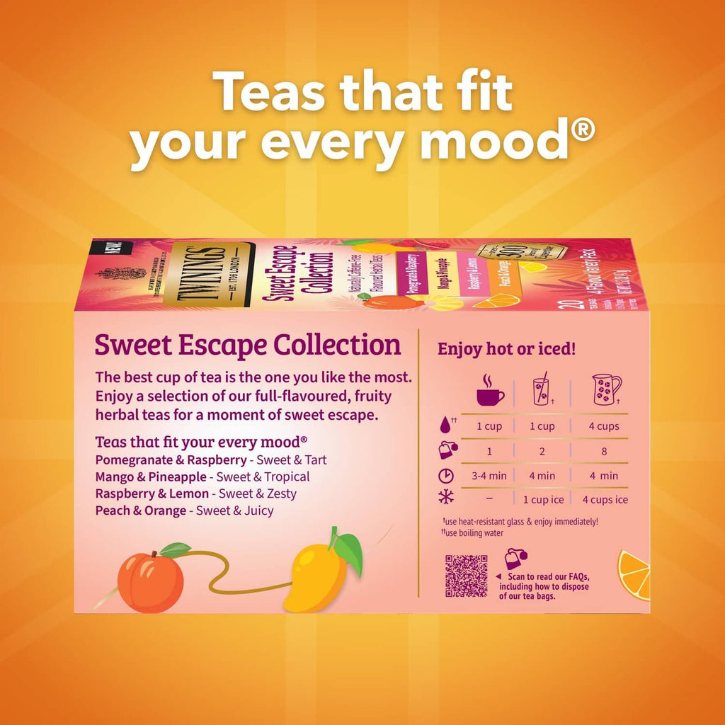 Twinings Sweet Escape Collection box with flavour list and serving info for tea bags