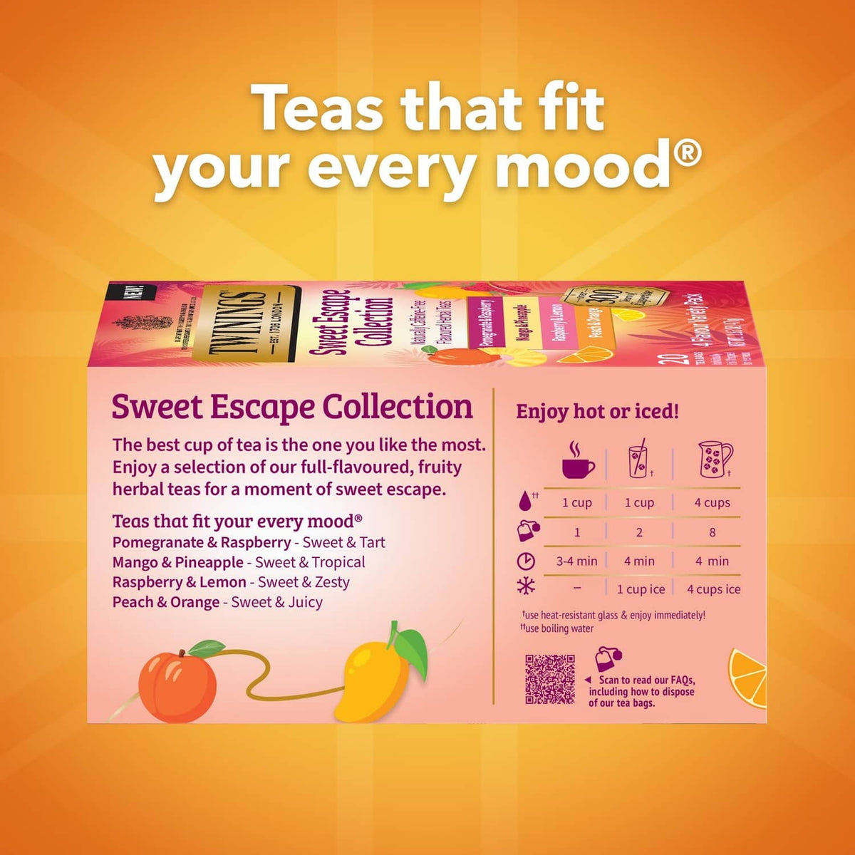 Twinings Sweet Escape Collection box with flavour list and serving info for tea bags