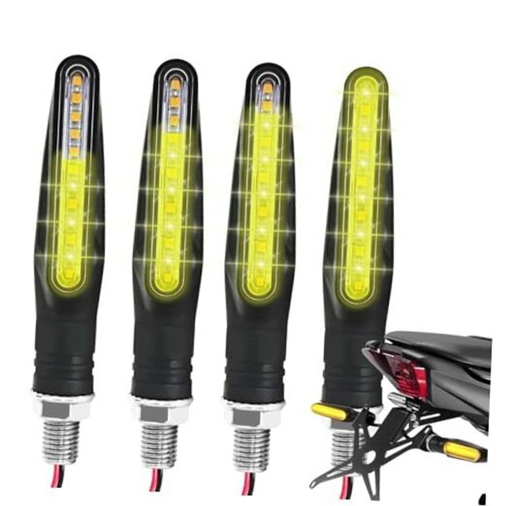 Set of 4 motorcycle LED turn signals, yellow lens, black housing, threaded mount