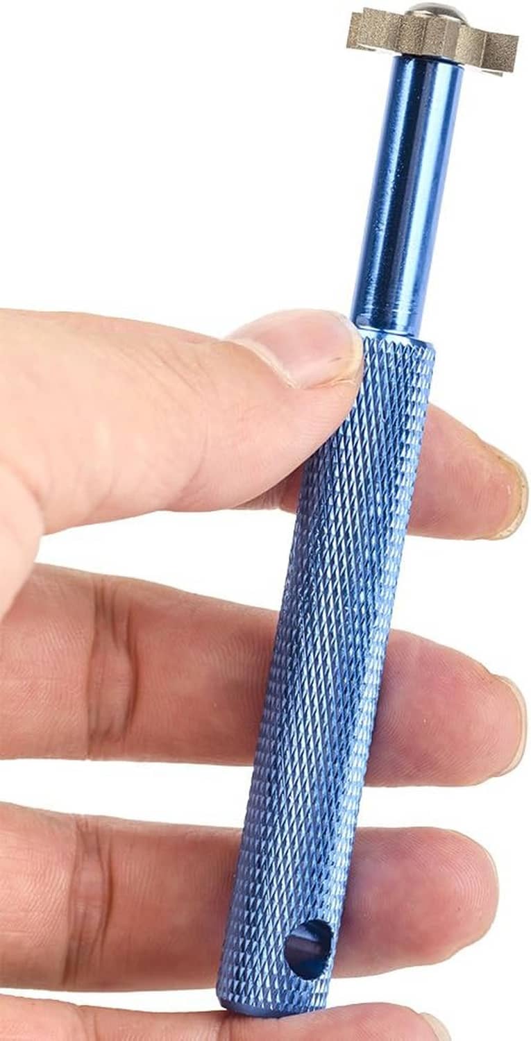 Blue grip-style groove sharpener handle shown in a hand
