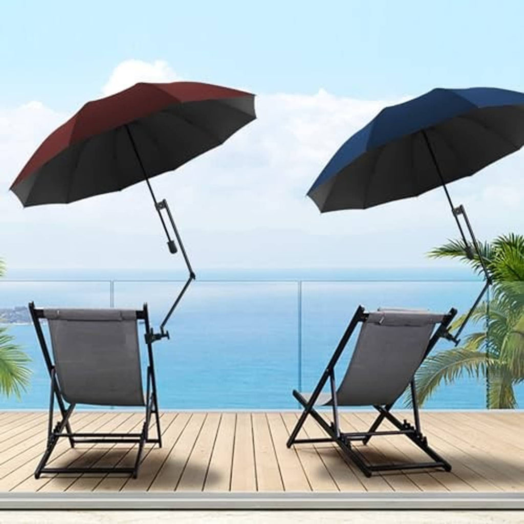 Two black and blue beach umbrellas with adjustable clamp poles