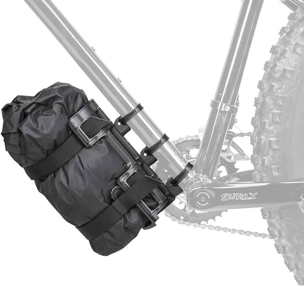 Black bike fork cargo bag strapped to frame with mounting hardware