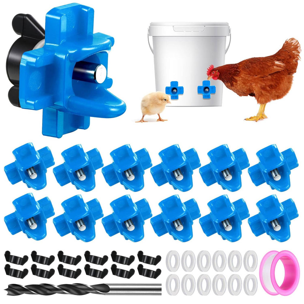 Blue horizontal chicken waterer nipples set with wing nuts and sealing gasket