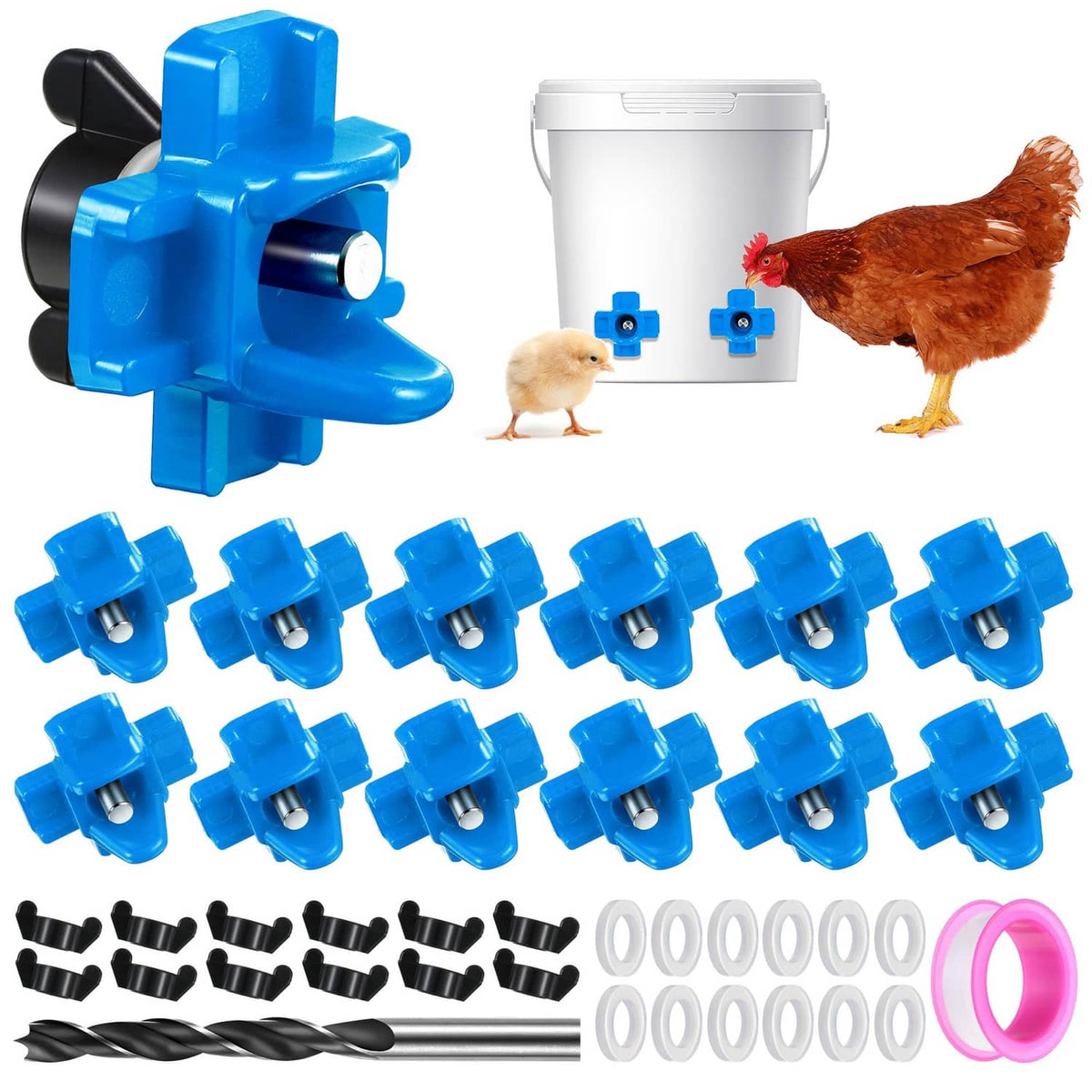 Blue horizontal chicken waterer nipples set with wing nuts and sealing gasket
