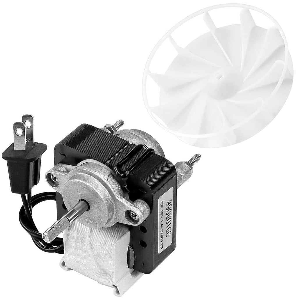 Exhaust fan motor assembly with white fan blade, silver shaft, and black housing