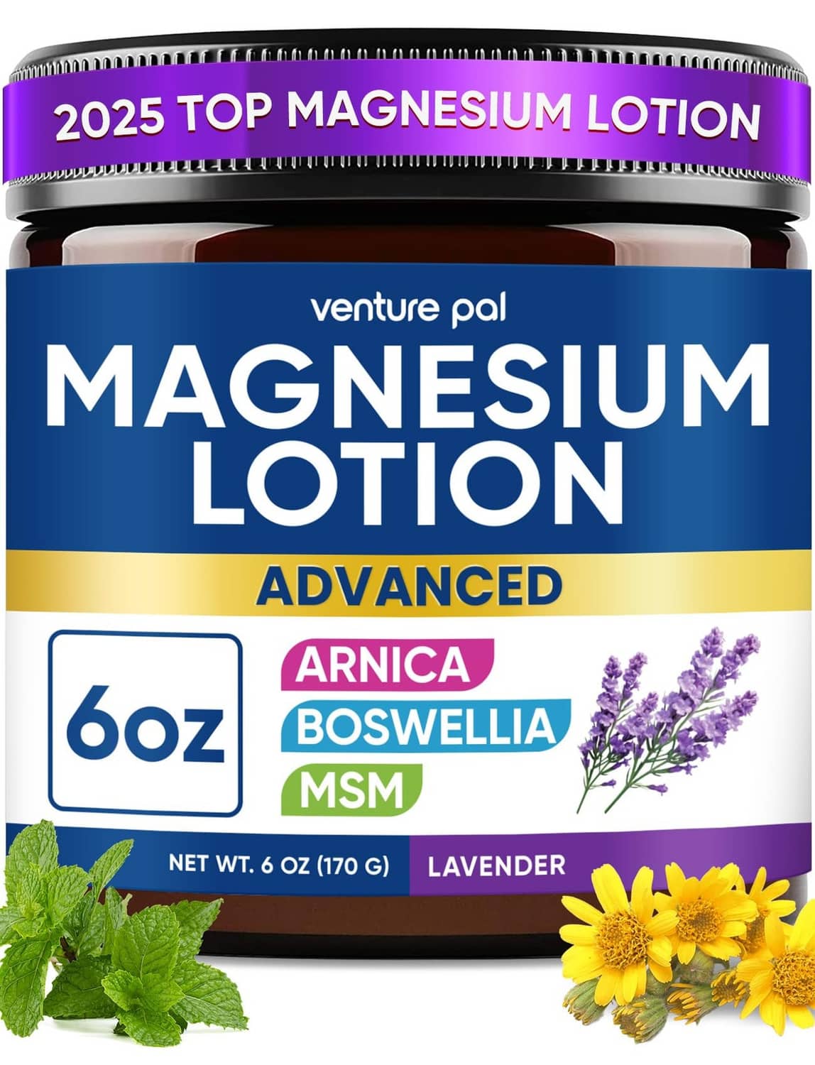 Lavender magnesium lotion jar with black lid and purple label, 6 oz size mark