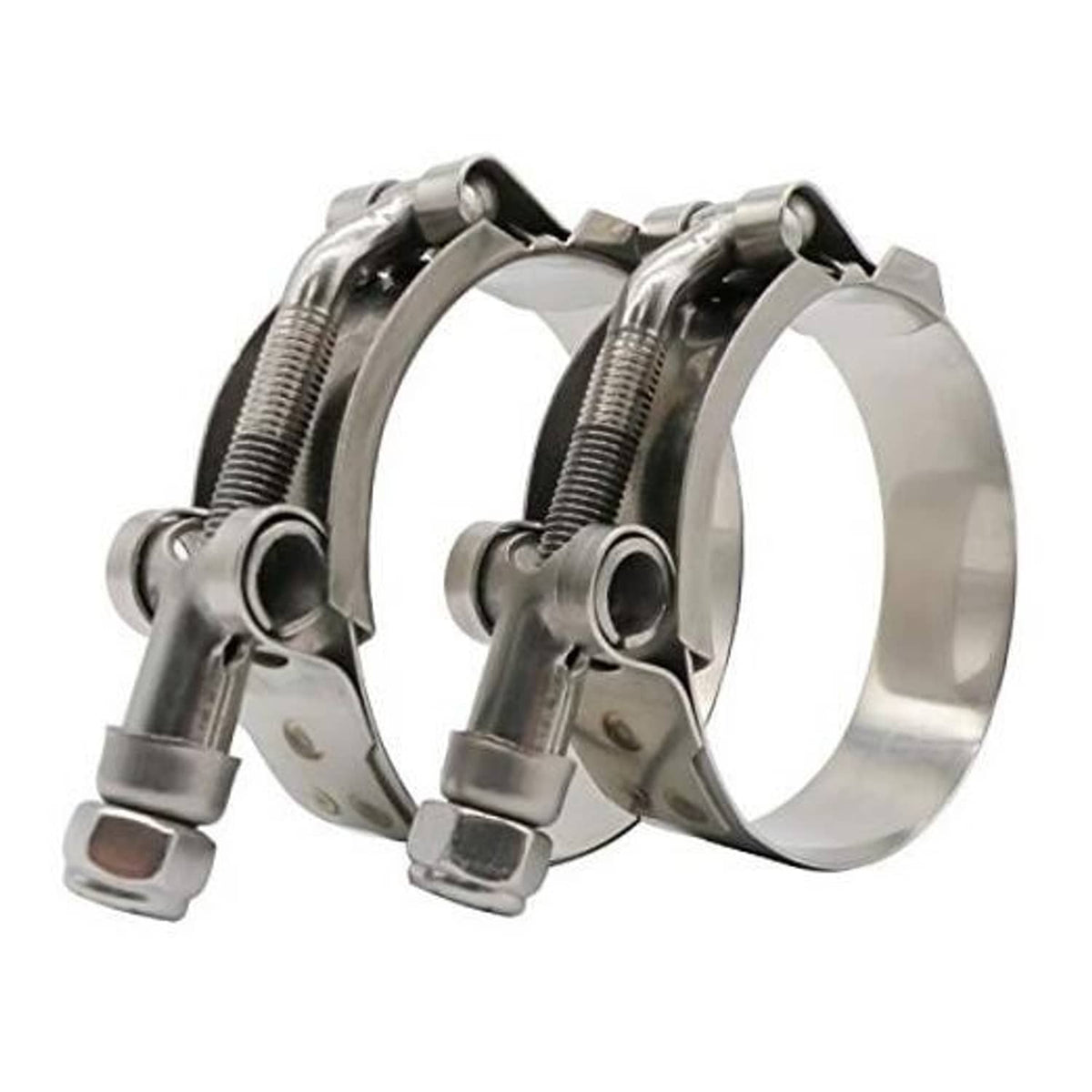 Stainless steel T-bolt hose clamp set with band, screw bolt, and locking hardware