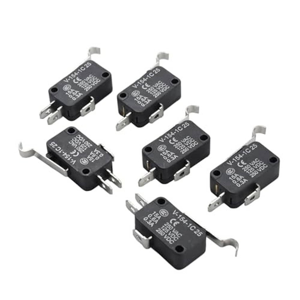 Black micro switch kit parts with metal actuator tabs and 3-pin electrical pins