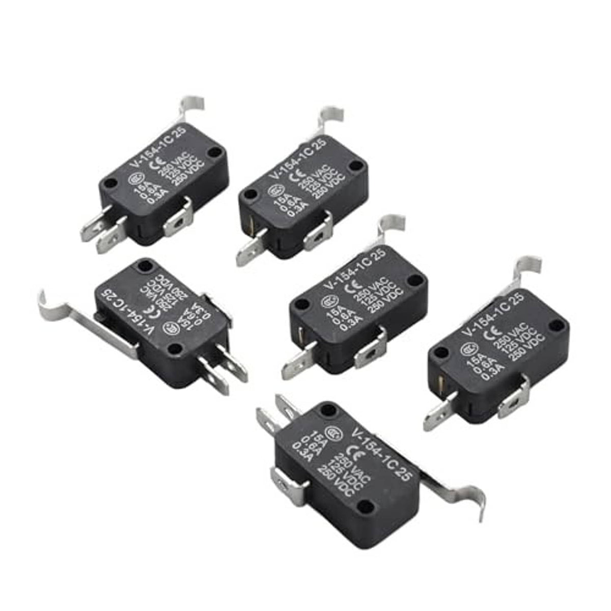 Black micro switch kit parts with metal actuator tabs and 3-pin electrical pins