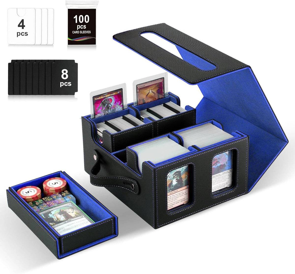 Black and blue card deck storage box, open with divided compartments and card display windows