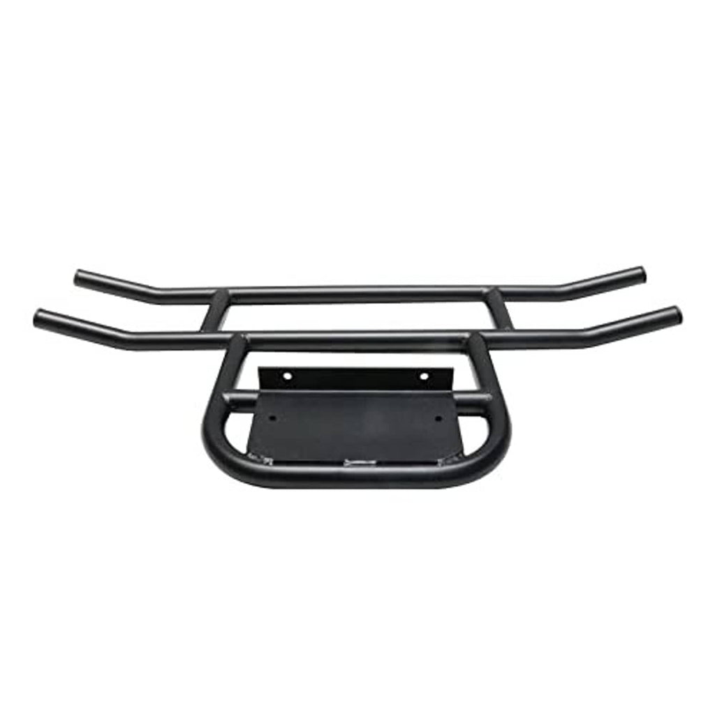 Black front bumper brush guard with two horizontal tubes and center support bracket plate.
