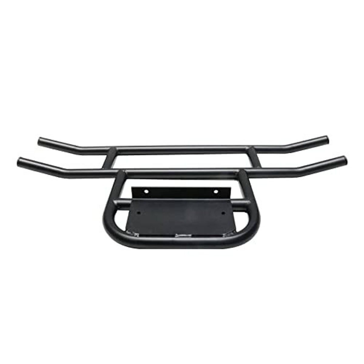 Black front bumper brush guard with two horizontal tubes and center support bracket plate.