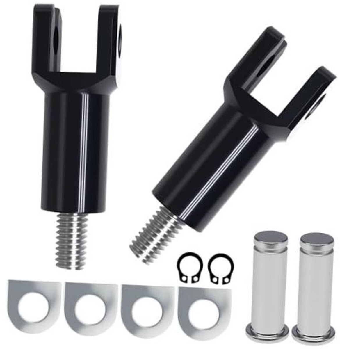 Black foot peg clevis mount kit with two threaded pegs, washers, and spacers