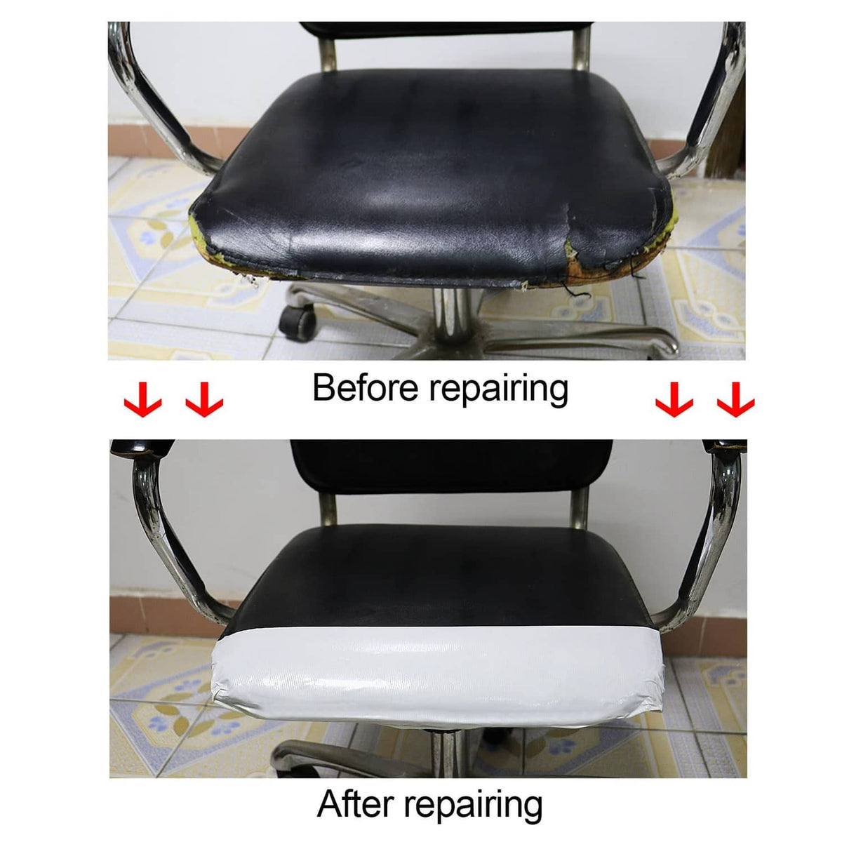 White duct tape covering a chair seat cushion for repair, tape wrapped smoothly.