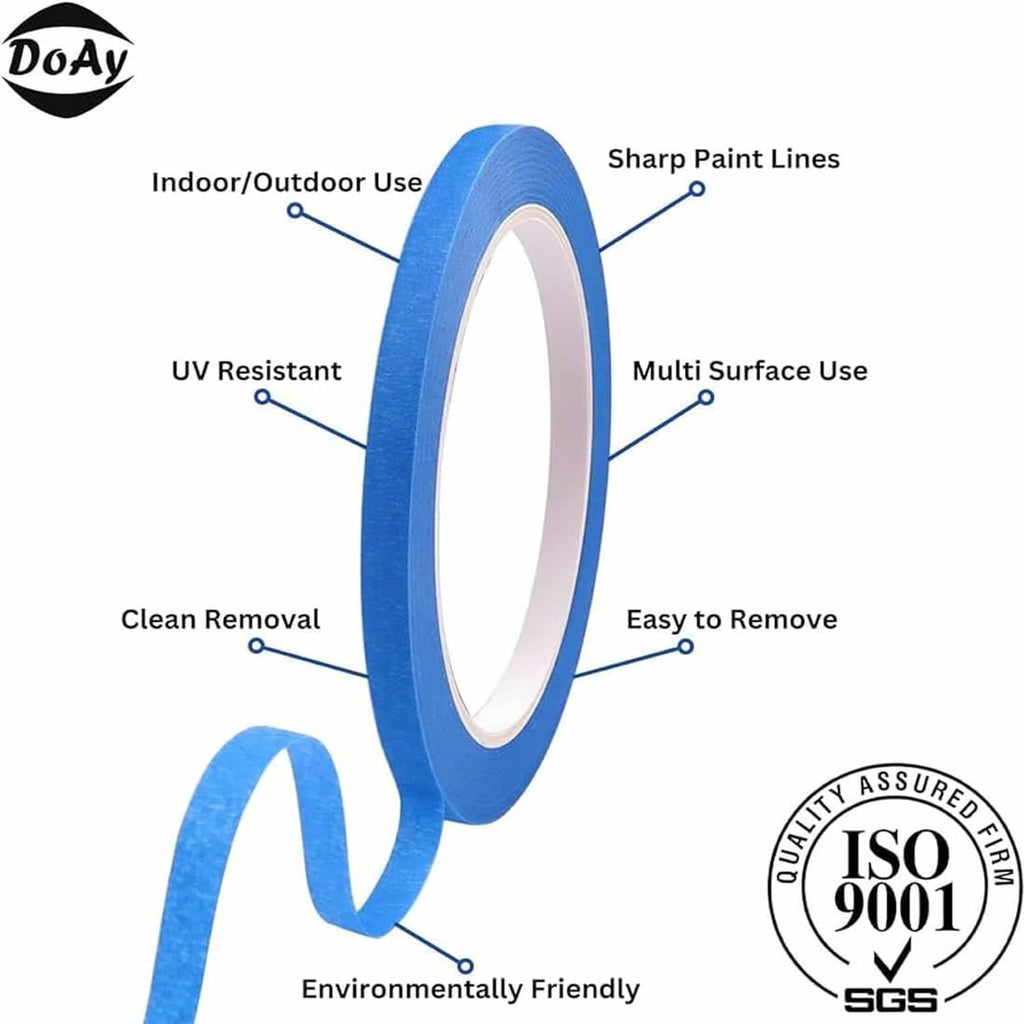 Blue painter's tape roll with liner visible, multi-surface tape for clean paint lines.