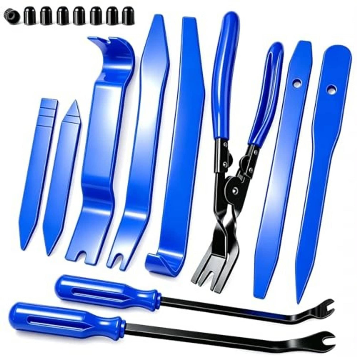 18-piece car trim pry tool set with blue pry bars and black clip pliers