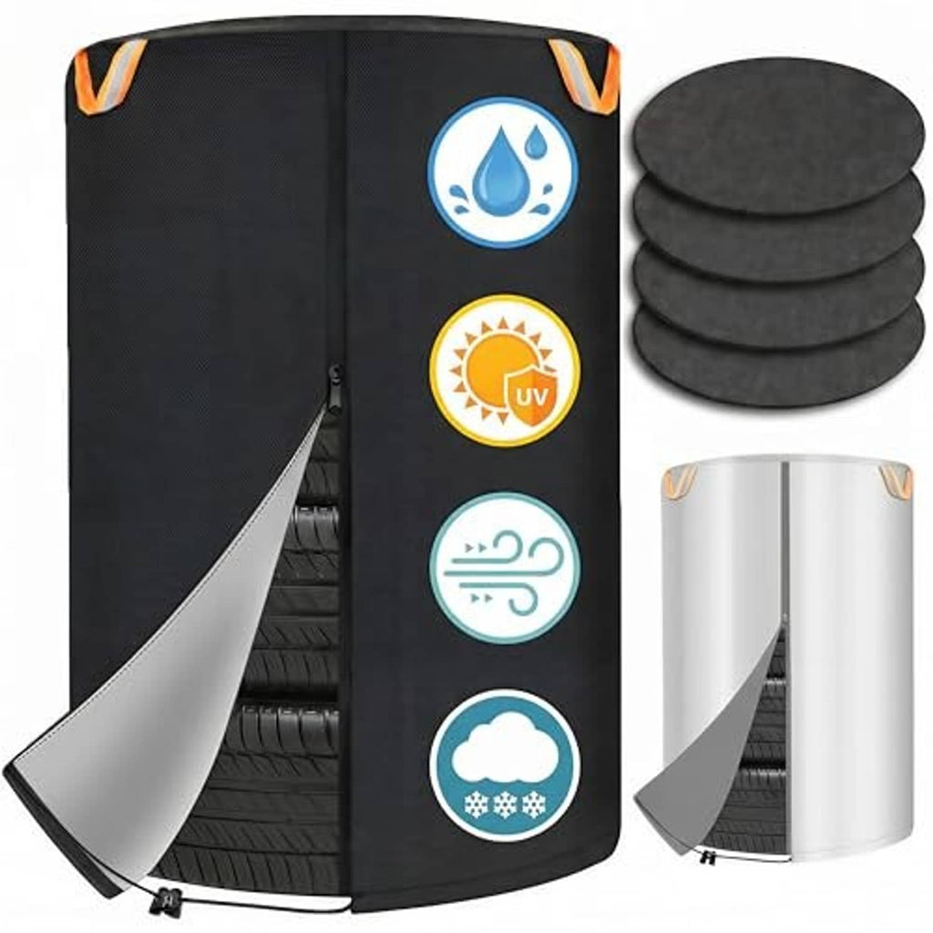 Dual-sided tire cover with drawstring and corner handles; black exterior with gray side