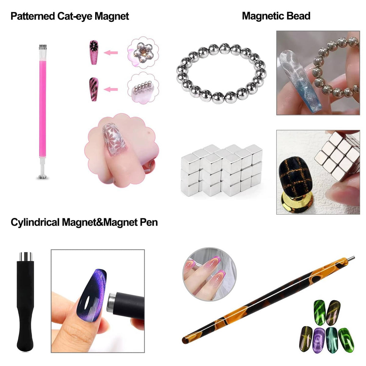 Cat-eye magnet accessories set with patterned magnet, bead bracelet, and cylindrical magnet pen