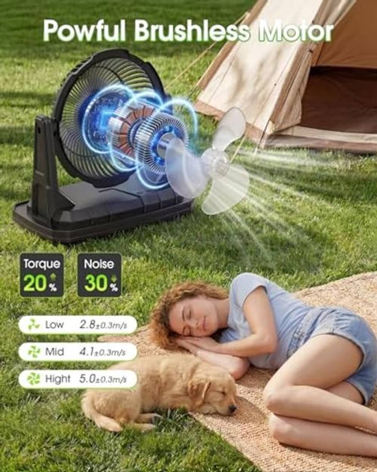 Black misting fan with strong motor airflow and mist stream for cooling