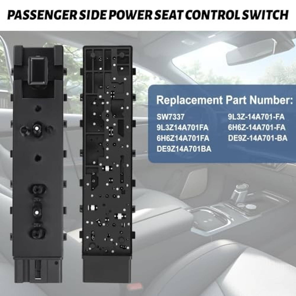 Passenger-side power seat control switch with large rocker and button cluster