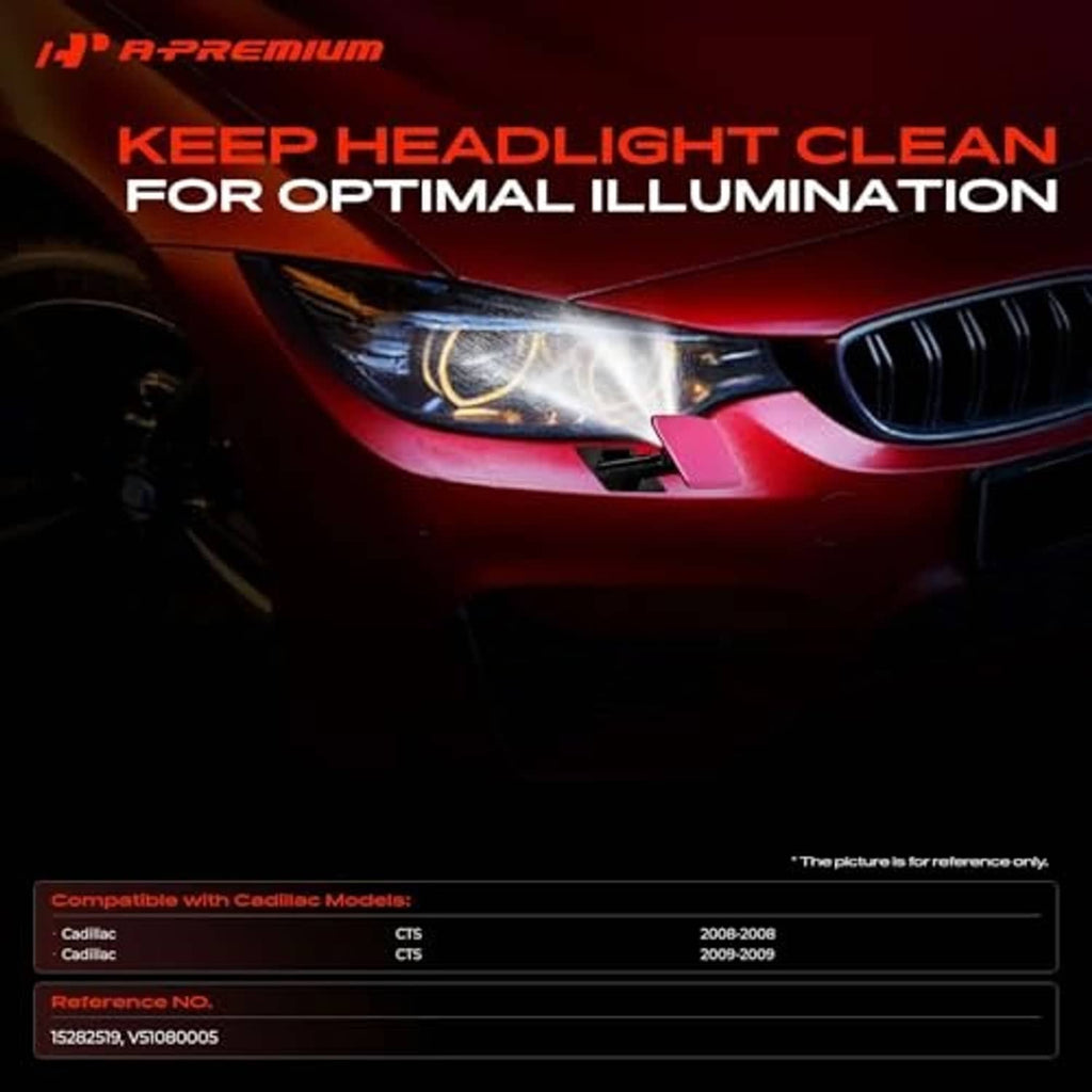 Headlight washer nozzle cleaning spray at front headlamp on car