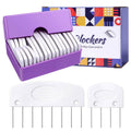 Knit blocking combs with pins, in a purple storage box