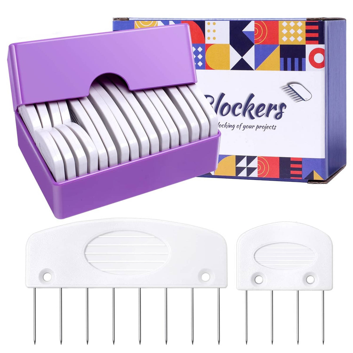 Knit blocking combs with pins, in a purple storage box