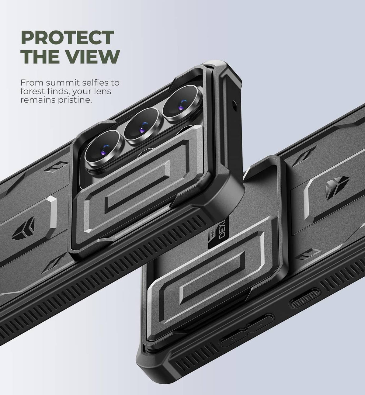 Black armored Samsung S26 Ultra case with camera lens protection frame