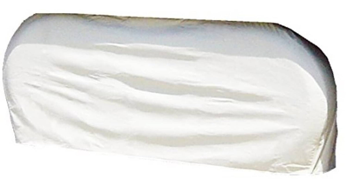 White fabric double-axle wheel cover, front edge visible along the side