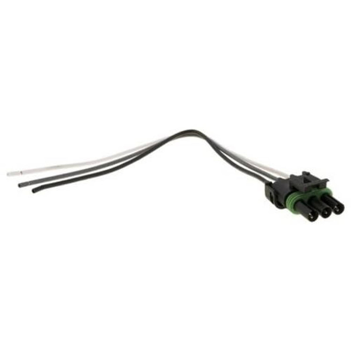Three-wire pigtail harness with black connector housing and green interior terminals