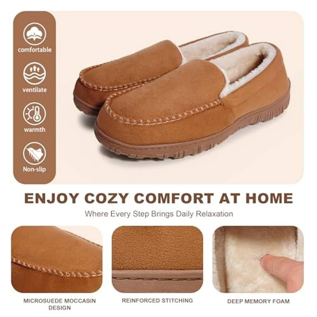 Tan men's moccasin slippers with faux-fur lining and cushioned memory foam