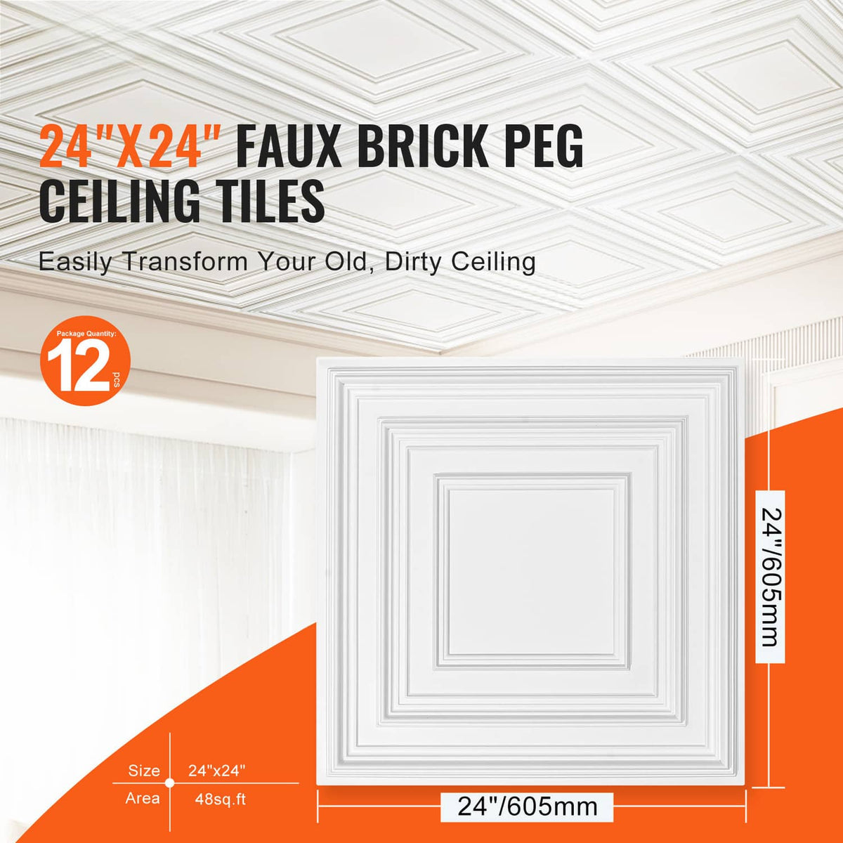 White faux brick peg ceiling tile panel with square center and layered border detail