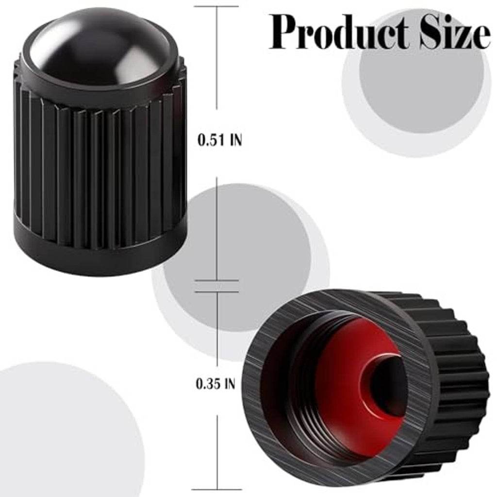Black ribbed valve stem cap with red O-ring insert; dimension lines shown