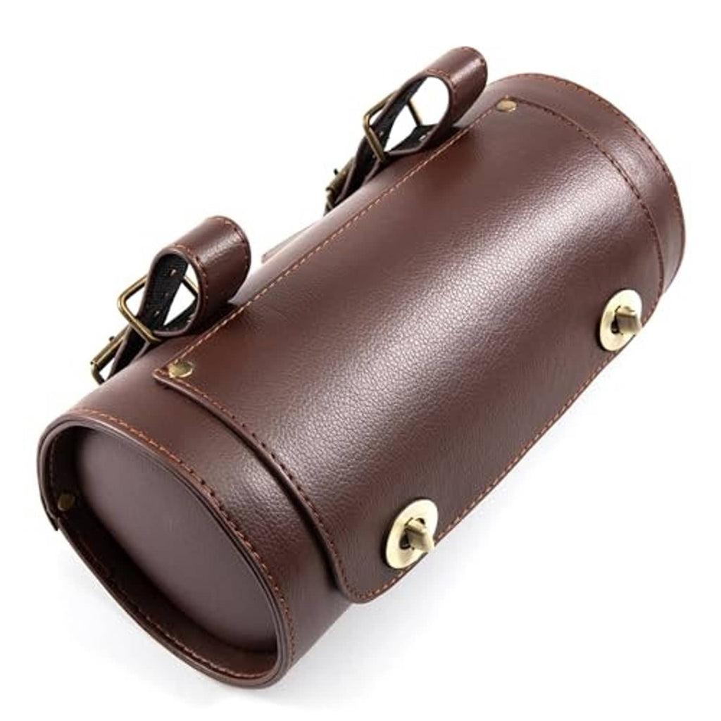 Brown motorcycle tool bag with side straps, gold snap ends, and open mouth