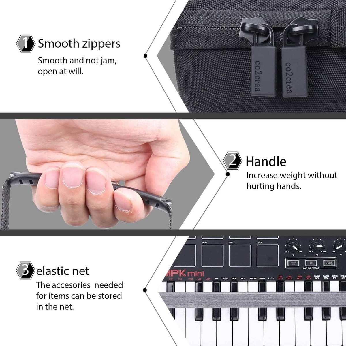 Hard case zipper and carry handle with elastic storage net (close-up)