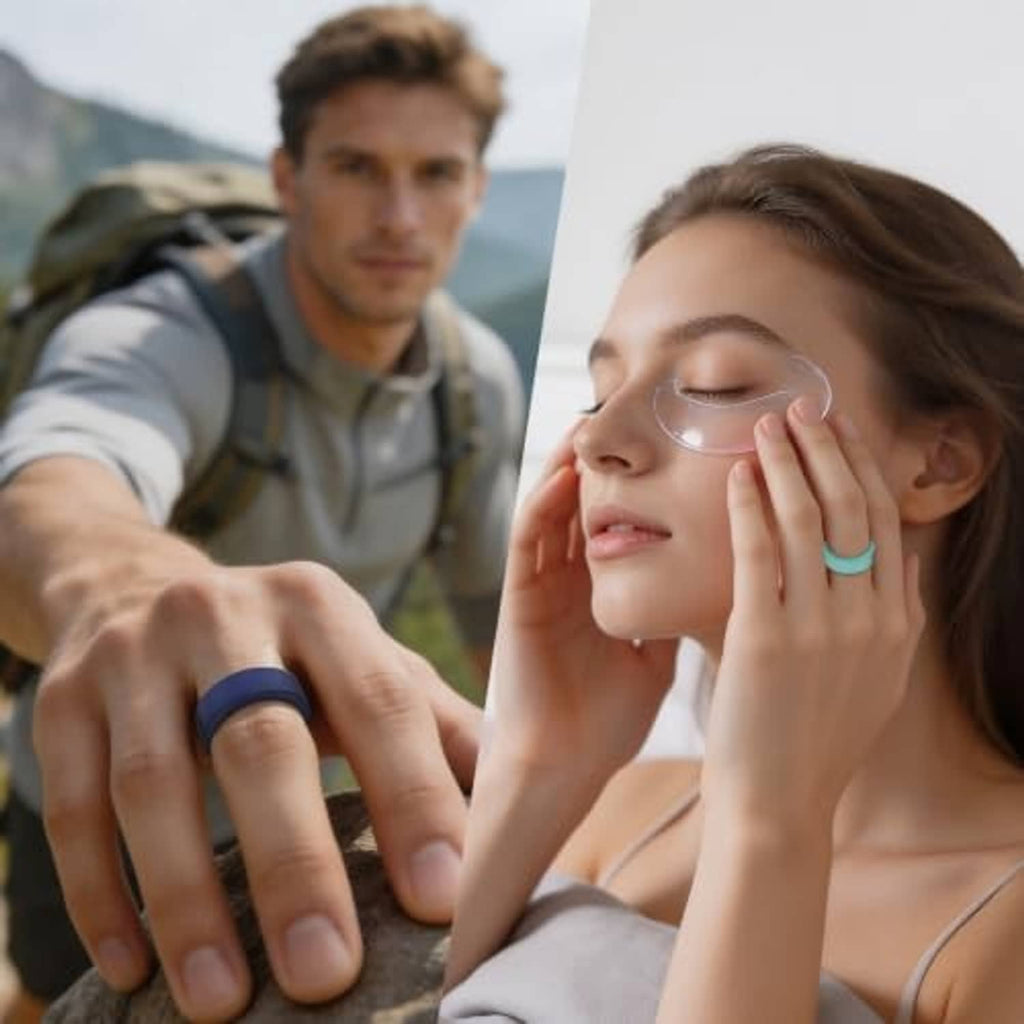 Blue silicone ring cover on finger while applying skincare outdoors