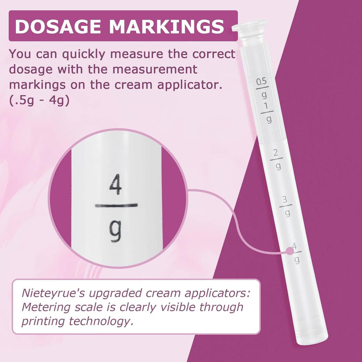 Disposable vaginal cream applicator with clear dosage markings up to 4 g