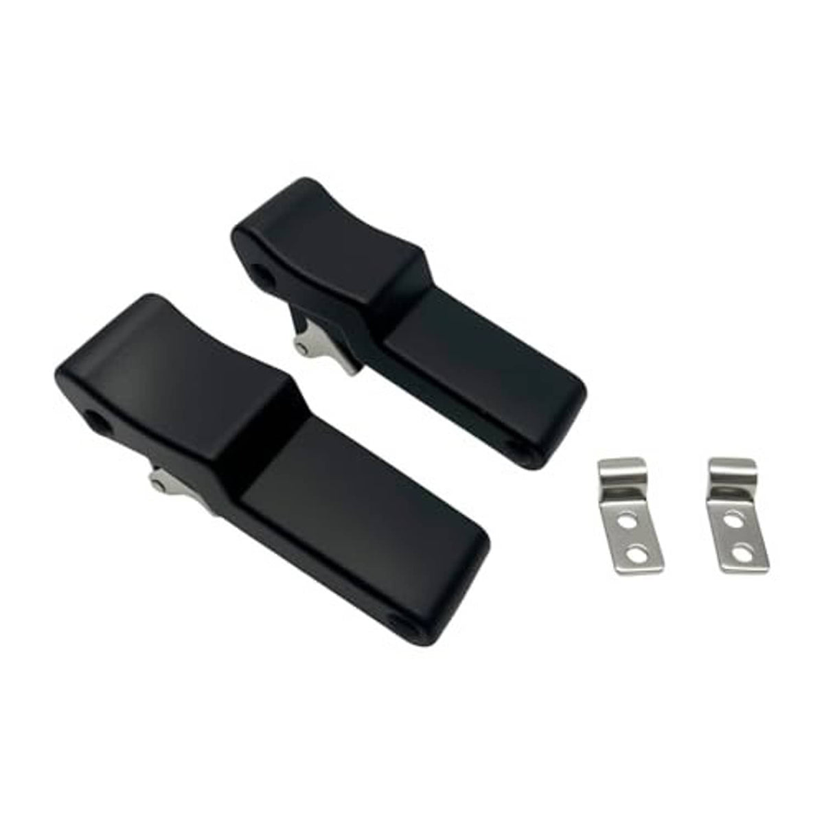 Black front storage rack rubber latches with two silver metal mounting brackets