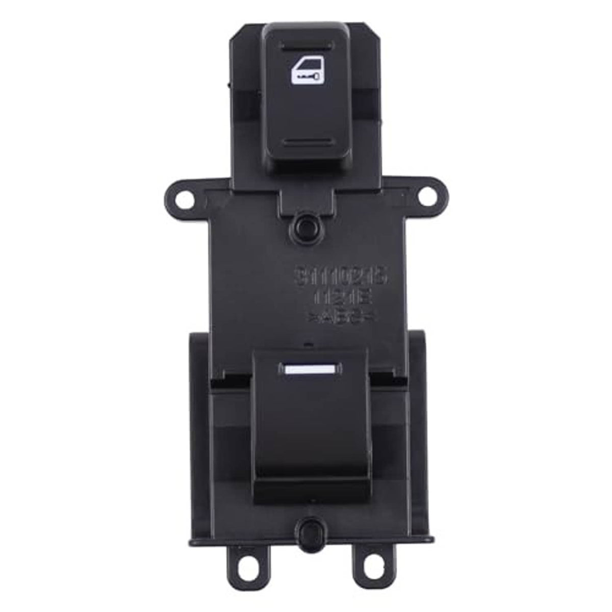 Power window switch reverse side with connector opening and mounting holes, black plastic