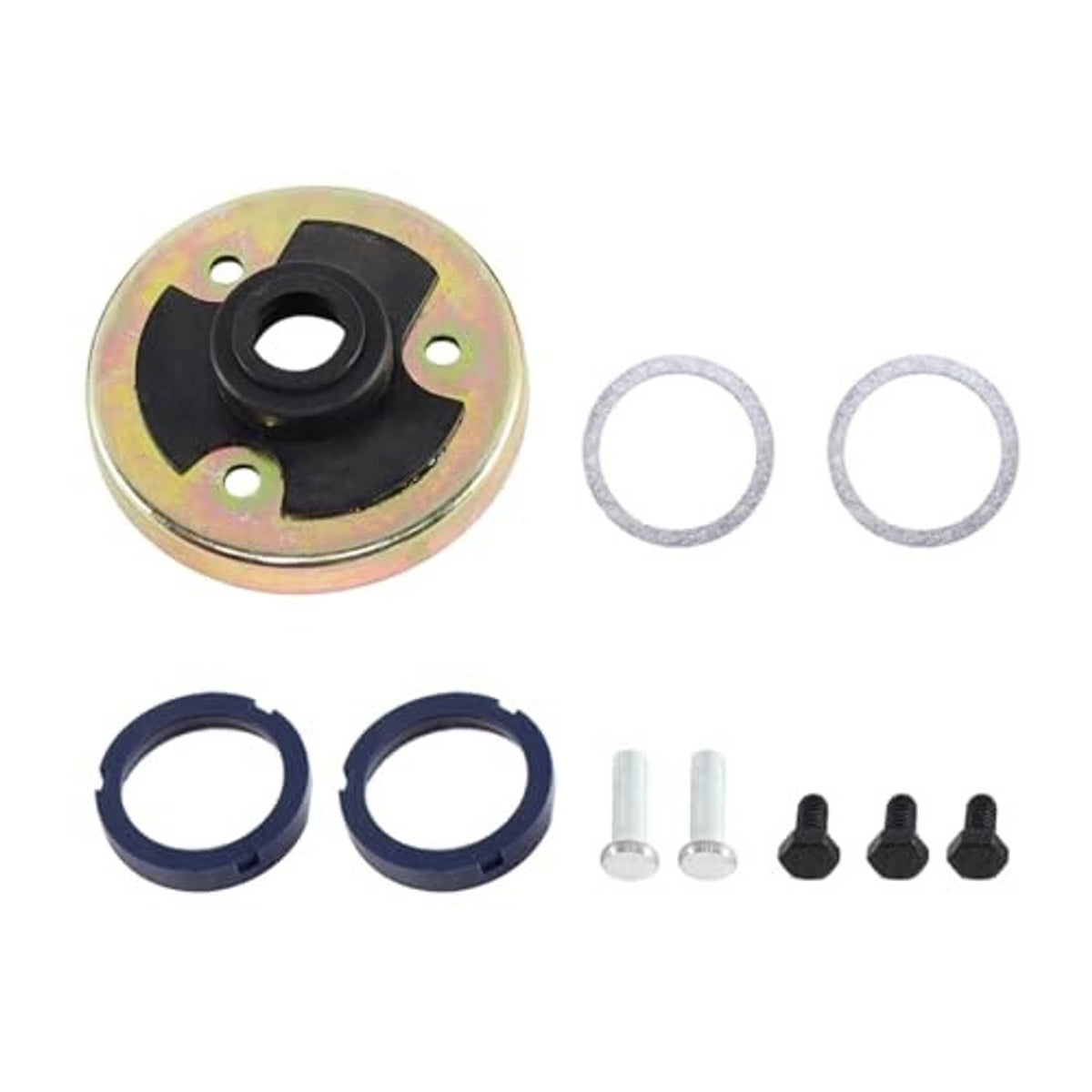 Manual transmission shift re-build kit with metal plate, black bushing, seals, and mounting hardware