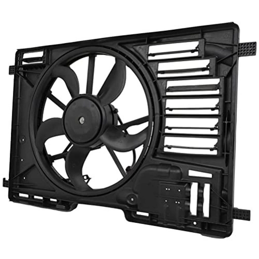 Black radiator fan assembly three-quarter view with cooling fan and vent grille
