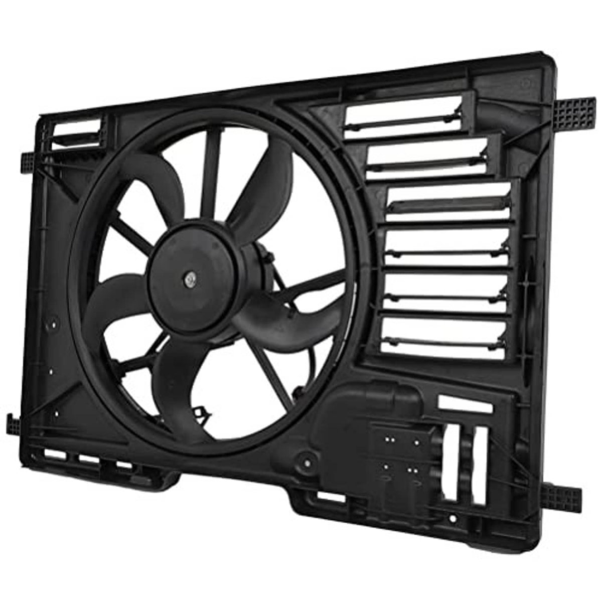 Black radiator fan assembly three-quarter view with cooling fan and vent grille