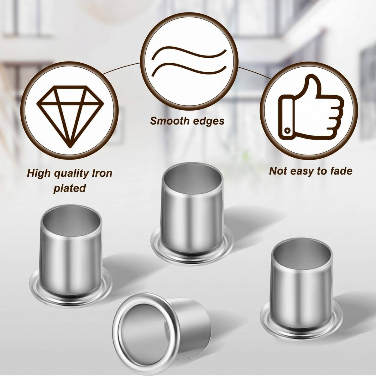 Silver shelf pin sleeves with smooth edges, plated iron cabinet shelf supports.