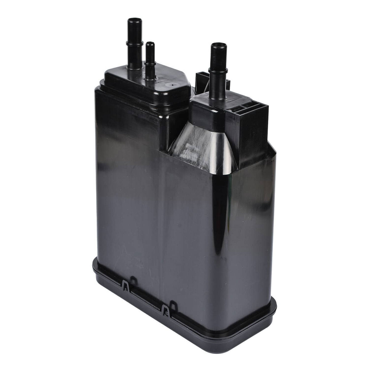 Black car vapor canister with three outlet tubes and molded base